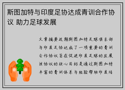斯图加特与印度足协达成青训合作协议 助力足球发展 斯图加特与印度足协达成青训合作协议 助力足球发展